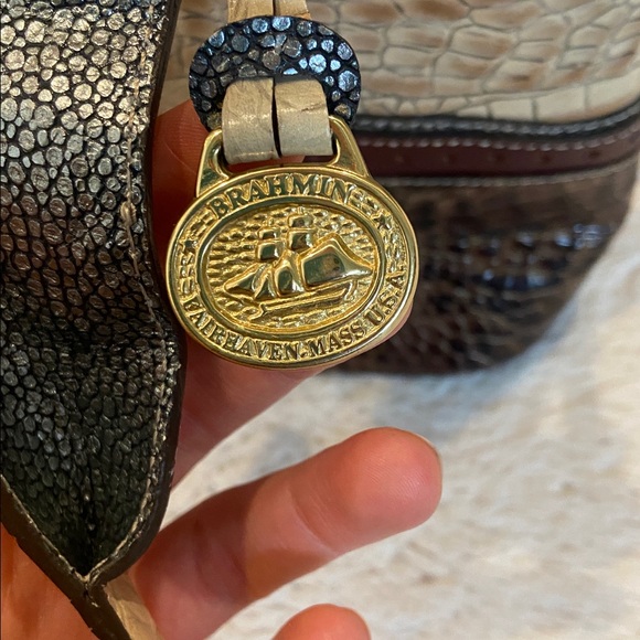 Brahmin Genuine Crocodile Embossed Leather Tote Shoulder Bag Neutral Brown - Picture 6 of 15